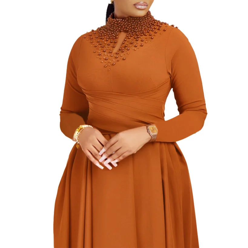 Fashionable High-collar Elegant Embroidered Large Dress Women Waist-shaping African Dress Trendy Plain Pattern Long Skirt