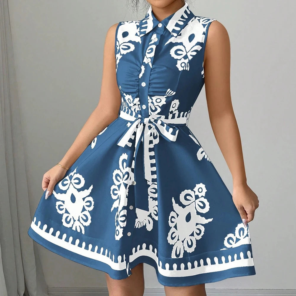 Plus Size Womens Printed Sleeveless Buttons A-Line Shirts Dress Summer Ladies Turn Down Collar Casual Holiday Sundress SizeS-2XL
