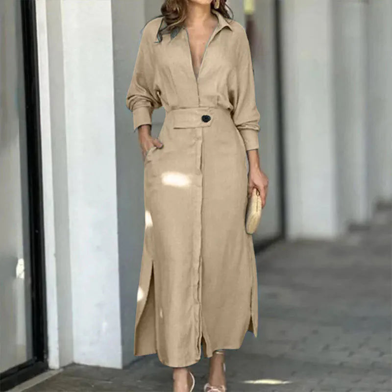 Autumn Elegant Long Sleeve V Neck Shirt Dress for Women