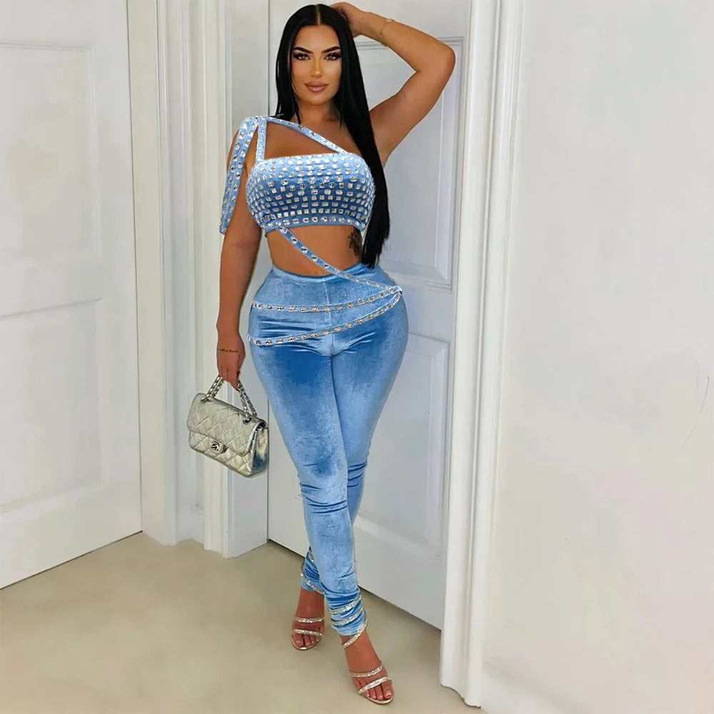Rhinestone Velvet Two Piece Pants Outfit for Women