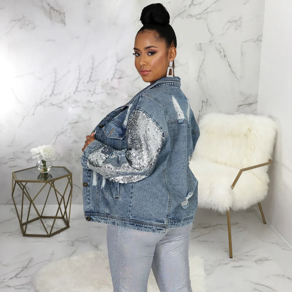 Jackets Women Denim Coat Hole Sequins Patchwork Single Breasted Turn Down Collar Y2k Vintage Streetwear 2025 Autumn Outerwear