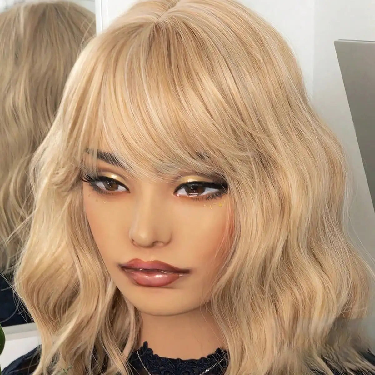 Heat Resistant Blue Body Wave Bob Wig With Bangs For Women