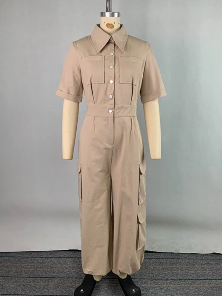 Beautyblue Women Cargo Jumpsuits Summer Business Casual Outfits Buttoned Pockets Lapel Loose Elegant Khaki Cargo Romper Female