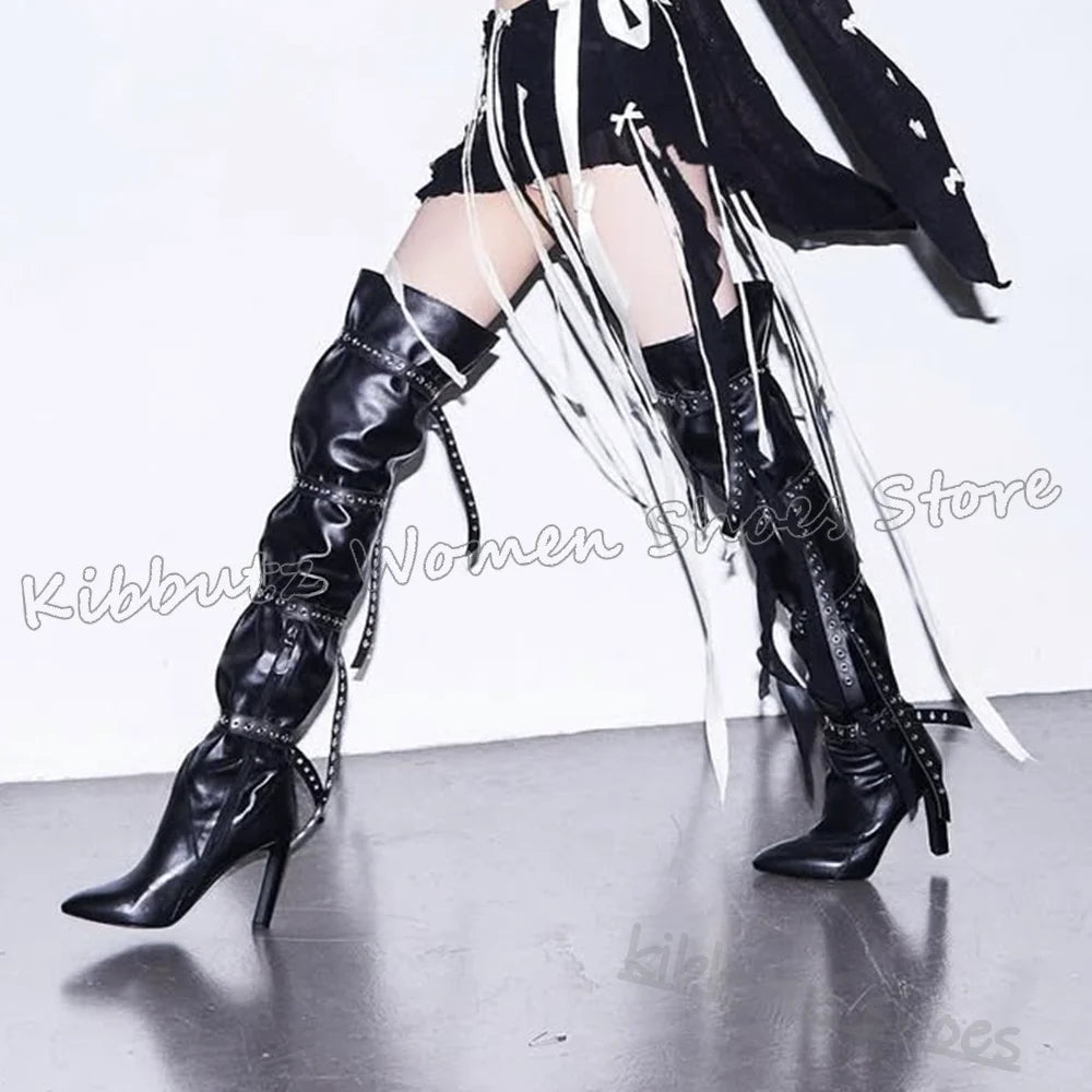 Above The Knee Boots Belt Buckle Pointed Toe Chunky Heels Solid Color Leather Fashion Luxury Elegant Concise Spicy Girls Shoes