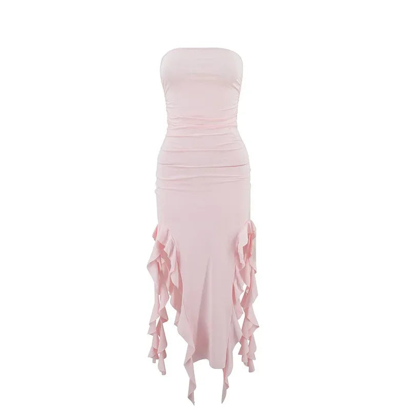 Strapless Asymmetric Midi Dress