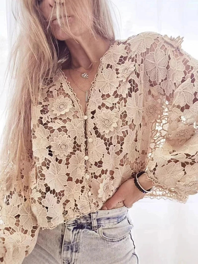 Summer Hollow Out Lace Loose Blouse Women V Neck Lace Flowers Single Breasted Long Sleeve Crop Tops Streetwear Fashion Shirts