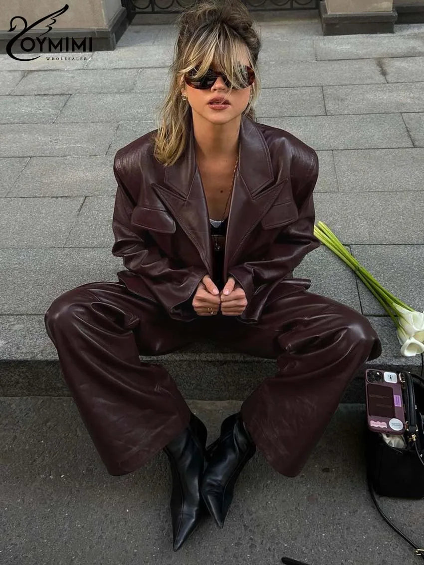 Oymimi Vintage Wine Red Pu Leather Womens 2 Piece Outfit Set Elegant Long Sleeve Lace-Up Shirts And Straight Simple Trousers Set