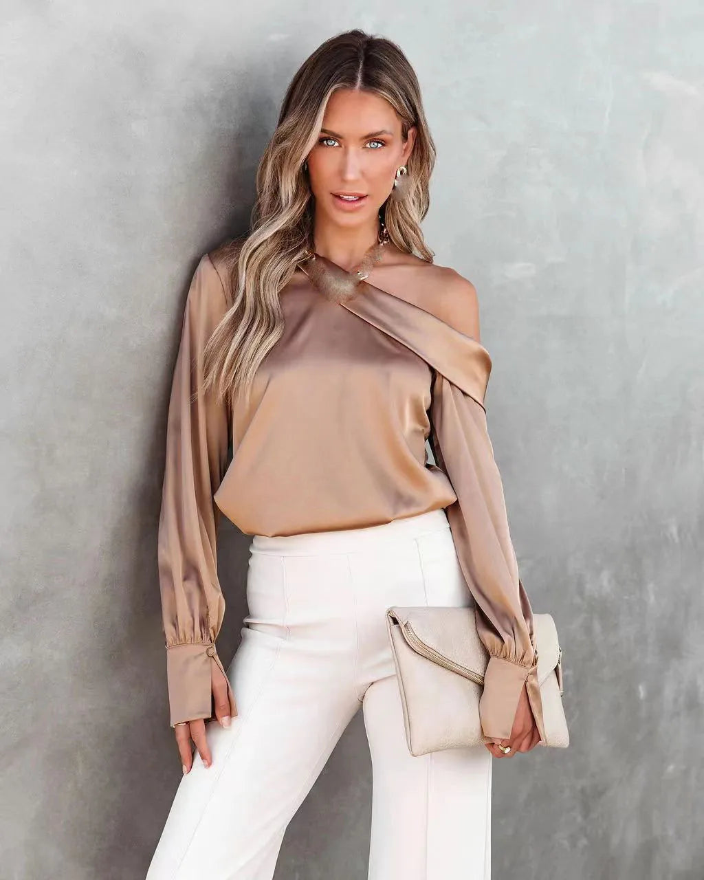 Women Fashion Sexy Slash Neck Satin Blouse Solid Color Long Sleeve Off Shoulder Office Shirt Lady Casual Loose Blouse Tops
