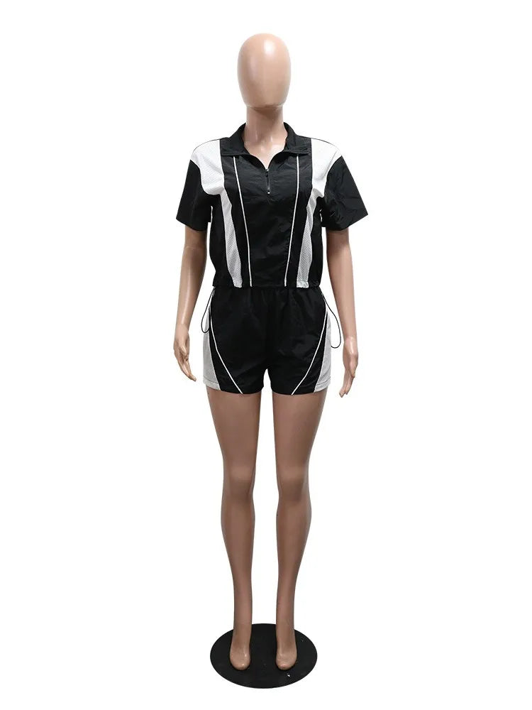 Joskaa 2025 Summer Women's Sporty 2 Piece Set Casual Patchwork Short Sleeve Top and Shorts Matching Tracksuits Y2K Streetwear