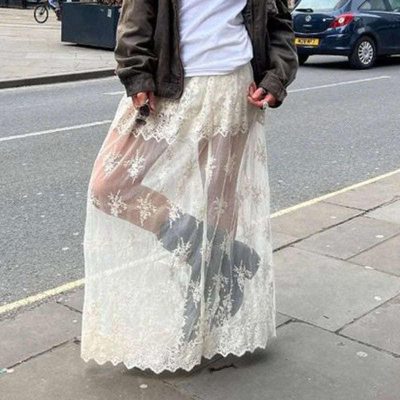 Boho Sheer Jacquard Lace Long Maxi Skirt for Women