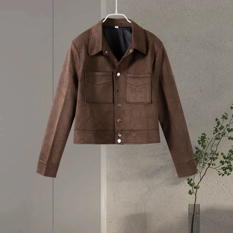 Big Pockets Suede Short Women's Jackets Vintage Lapel Single Breasted Full Sleeve Jacket Lady 2025 Spring Fashion Streetwears