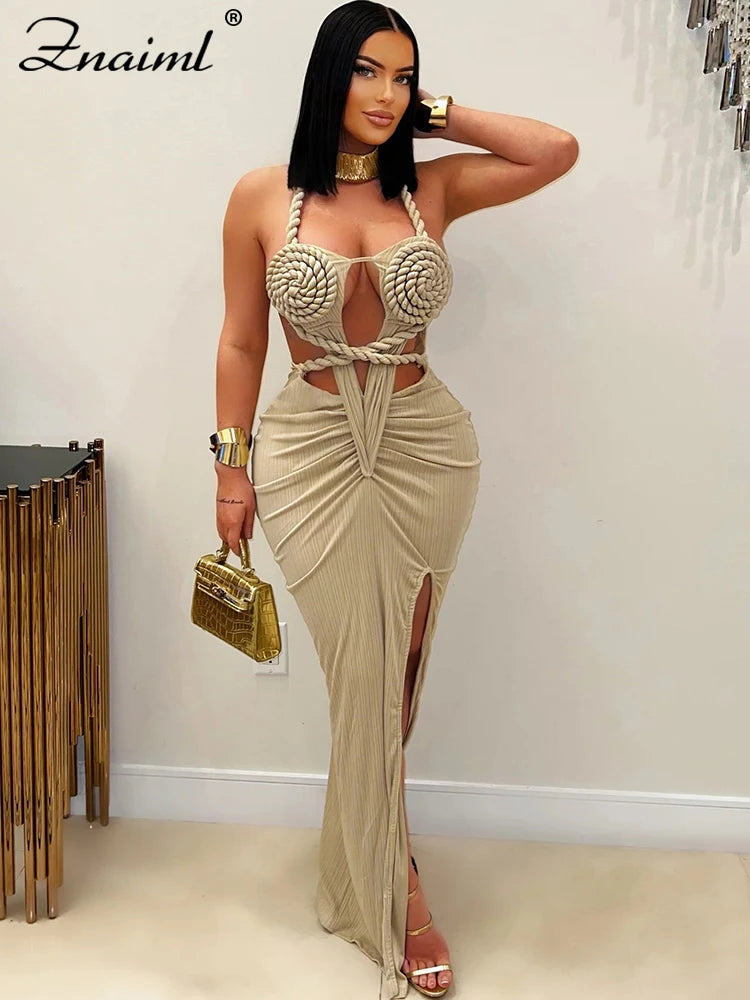 Znaiml Women's Elegant Evening Halter Hollow Backless Slit Bodycon Maxi Dresses Sexy Beach Holiday Party Club Birthday Vestidos