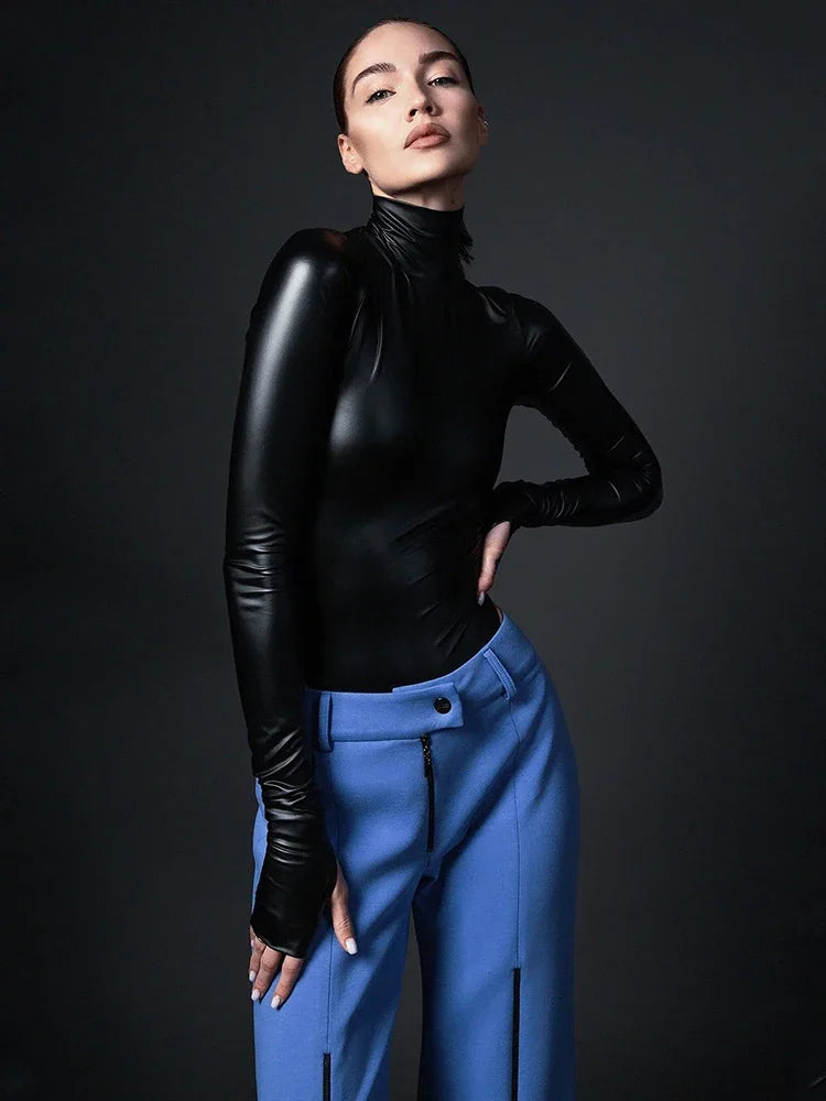 Women Faux Leather Bodysuits Long Sleeve High Neck Slim Jumpsuits Ladies Sexy Stretch Bodycon Bodysuits Party Clubwaer Custom