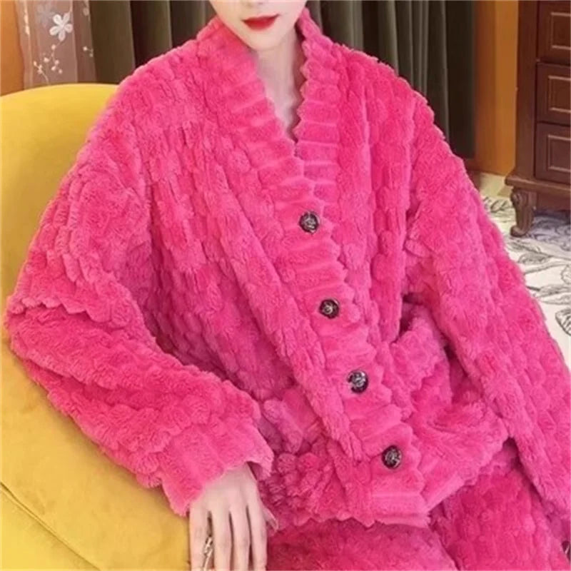 5XL Stripes Women's Flannel Cardigan Home Fur Solid Color Loose Coral Velvet Pajama Set Autumn/Winter Pants Two Piece Suit Red