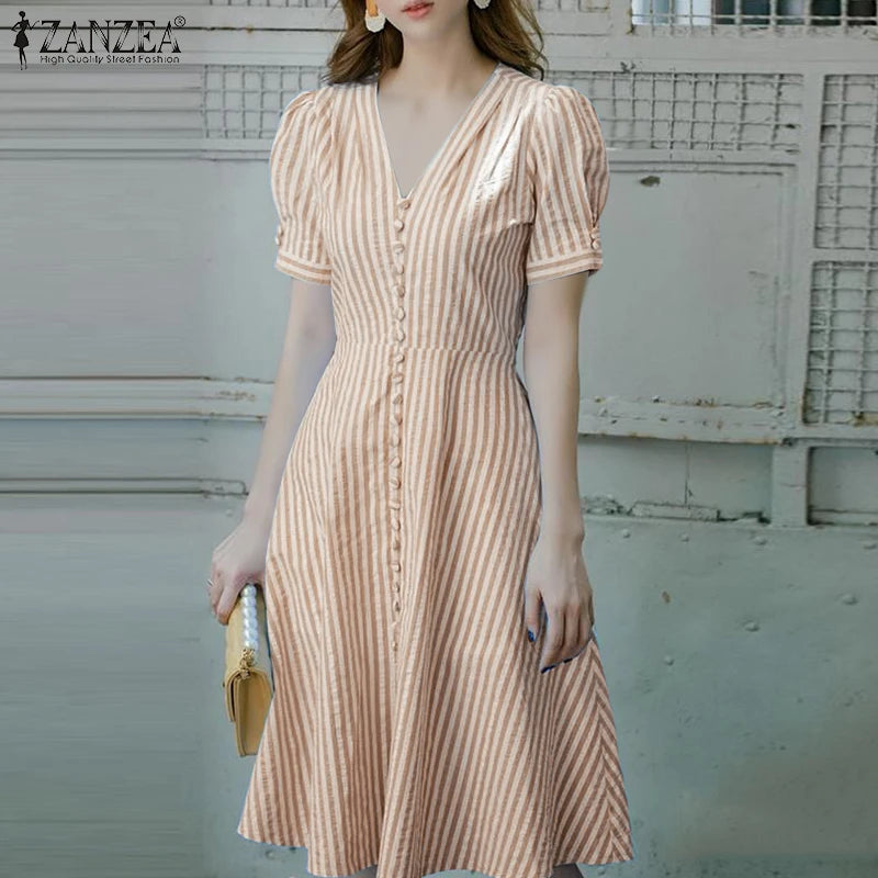 ZANZEA Women Elegant Striped Midi Dresses 2025 Summer Fashion V-Neck Short Puff Sleeve Fitted Waist A-Line Robes Femme Korean