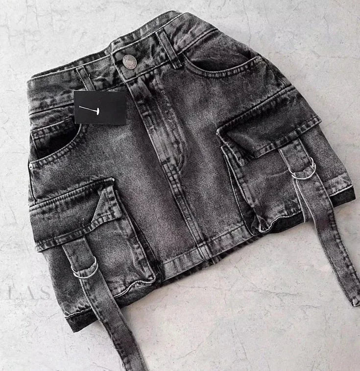 Y2K Short Skirt Fashion Retro Blue Multi Pocket Denim Shorts Womens Gothic Cargo Baggy Denim Shorts High Waist Slim Mini Skirt