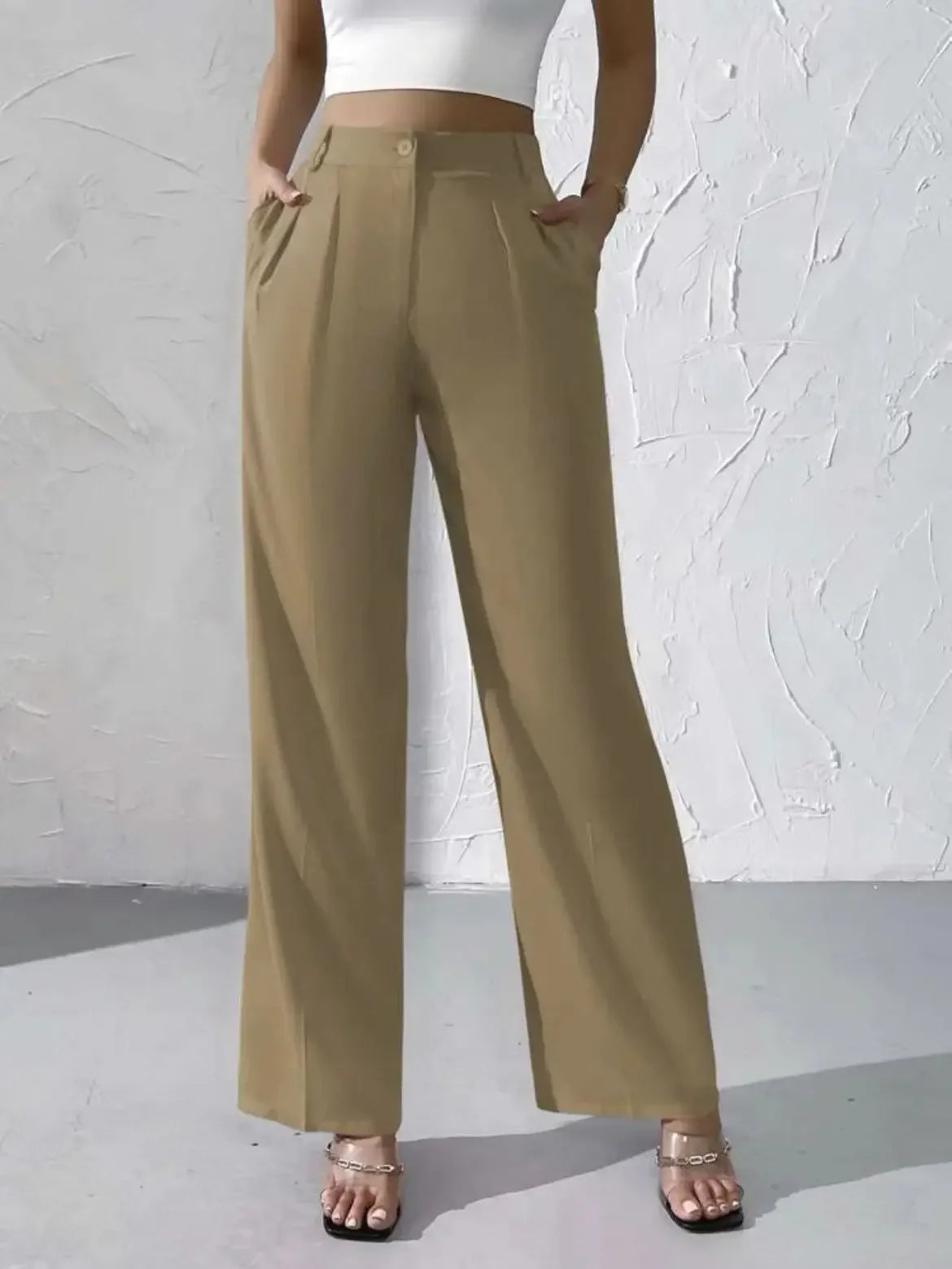 Elegant Pure Color Draped Wide Leg Suit Pants for Women High Waist Long Trousers Fashionable Business Casual Loose Fit