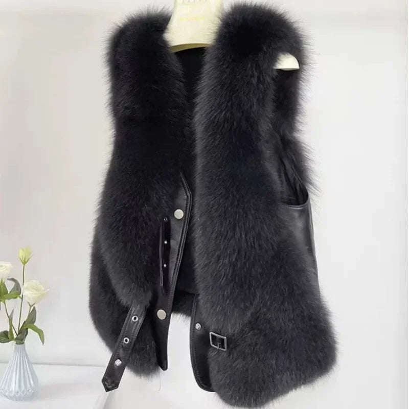 2025 Autumn Winter Women Vest Short Style Splicing Solid Color Fur Coat New