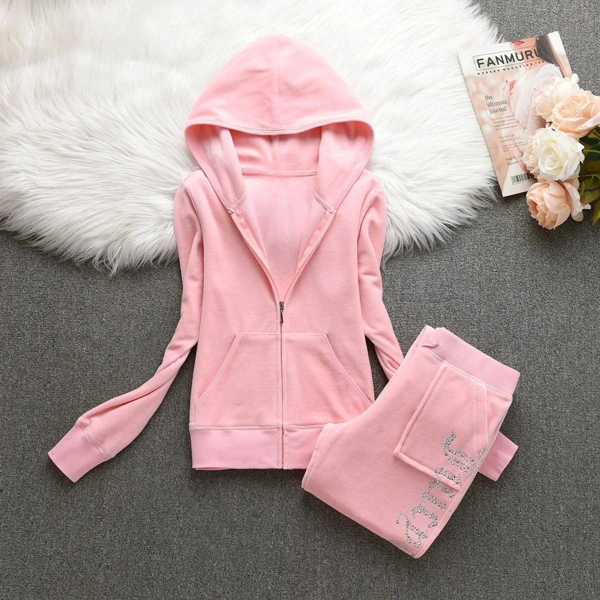 Y2K Velvet Rhinestone Two Piece Tracksuit Set for Women
