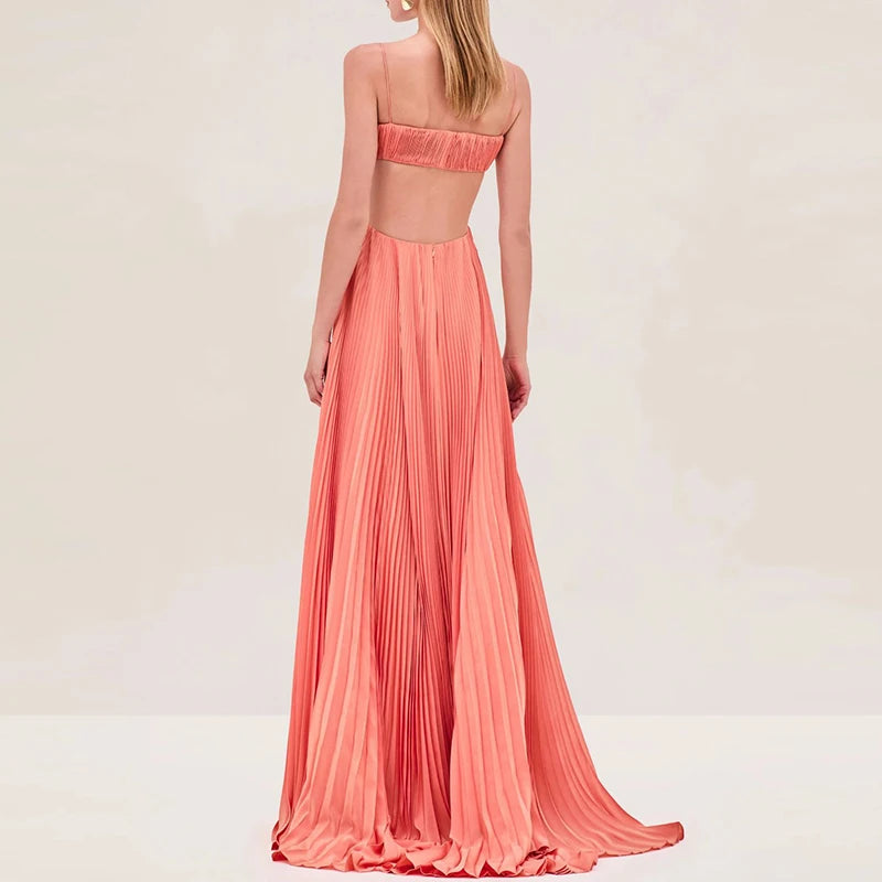 Sexy Lady Backless Solid Swing Dress Elegant Sleeveless Hollow Long Dress Fashion Off Shoulder High Waist Pleated Evening Dress