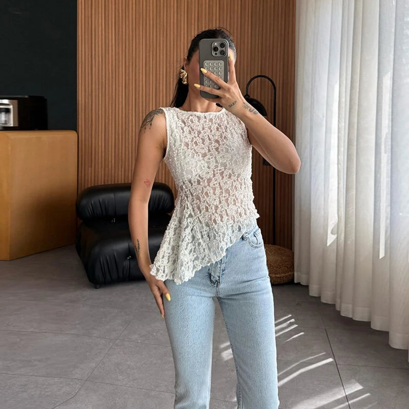 Women's Casual O Neck Sleeveless Irregular Tees 2025 Summer Solid Color Waist Blouses Perspective Lace Slim Fit Club Party Tops
