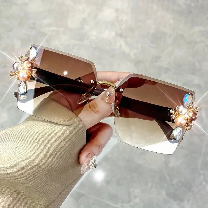 Rhinestone Decor Fashion Fashion Glasses For Women Men Casual Gradient Rimless Glasses For Summer Beach Rave Party