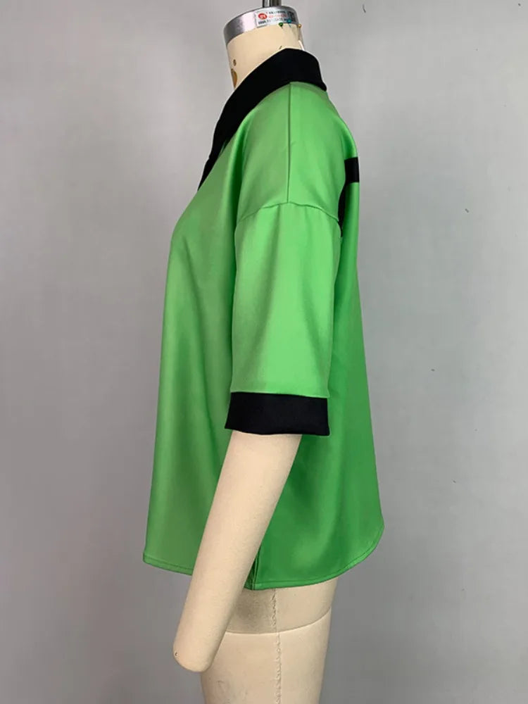 Beautyblue 2025 Summer Polo T-shirt Chic Elegant Shirt Loose Half Sleeves Button High Street Cool Women's Fashion Blouses Tops
