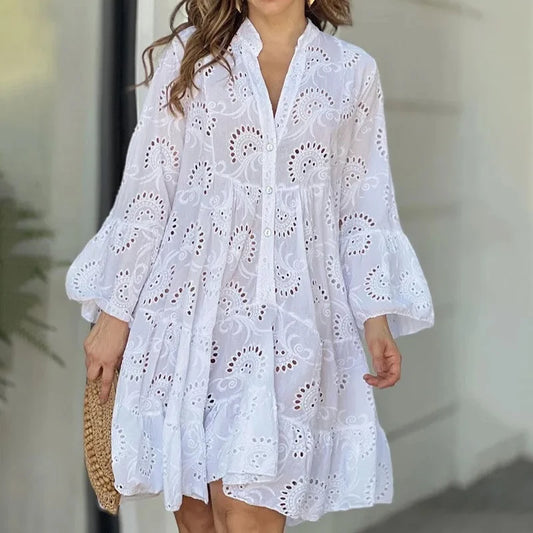 Summer Women Hollow Out Dresses Elegant Vintage Solid Lace V-neck Loose Embroidery Long Sleeve Mini Dresses