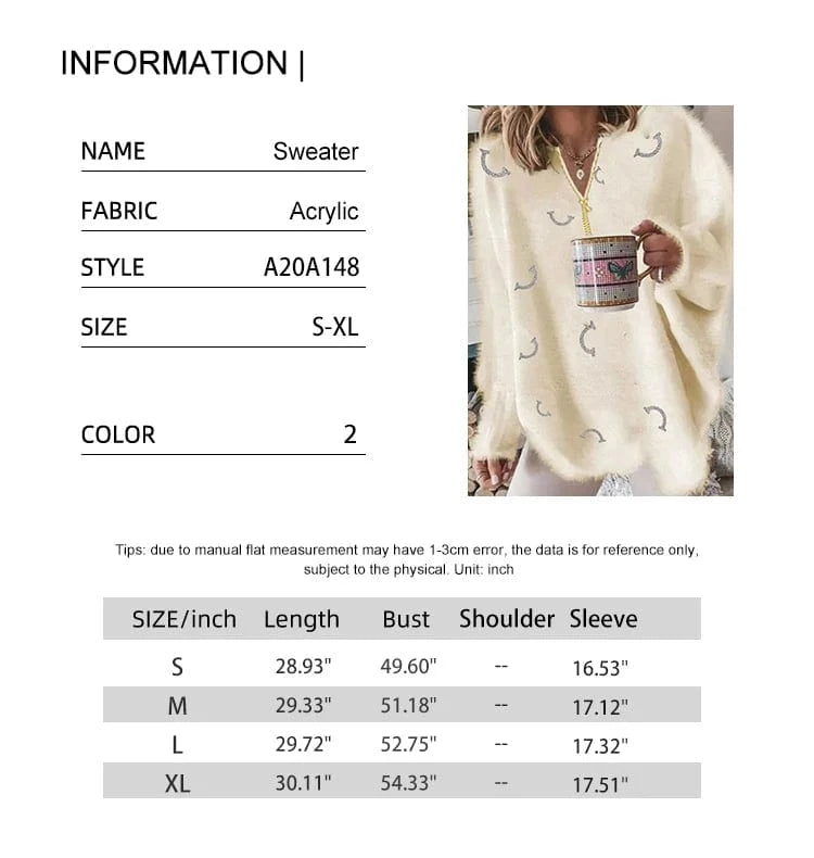 Women's V Neck Long Sleeve Sweater Casual Loose Fit Pullover Sexy Zipper Warm Knit Printed 2024 Fashion Trend for Women