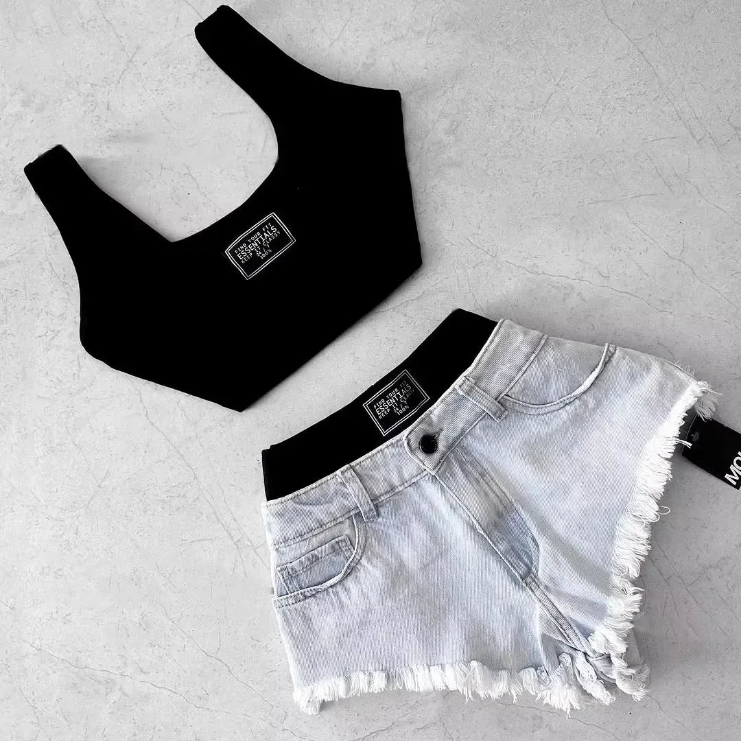 Sexy Vest T-shirt Two-piece Set Y2K Korean Sweet Slim Fit Vest Harajuku Low Waist Patchwork Spicy Girl Denim Skirt