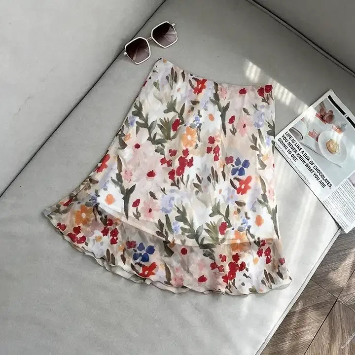 High Waist Painterly Print Satin Midi Dress For Women