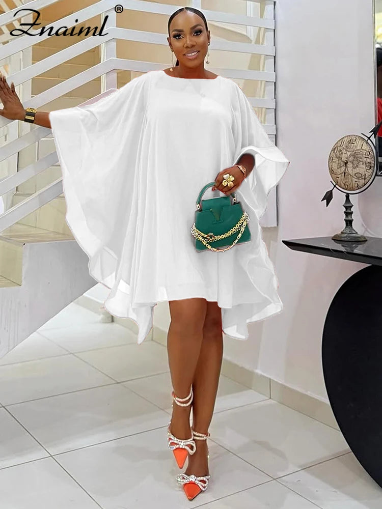 Znaiml Elegant African Party Cloak Mini Dress Women Fashion O Neck Batwing Sleeves Cape Loose Dresses Summer Birthday Clubwear