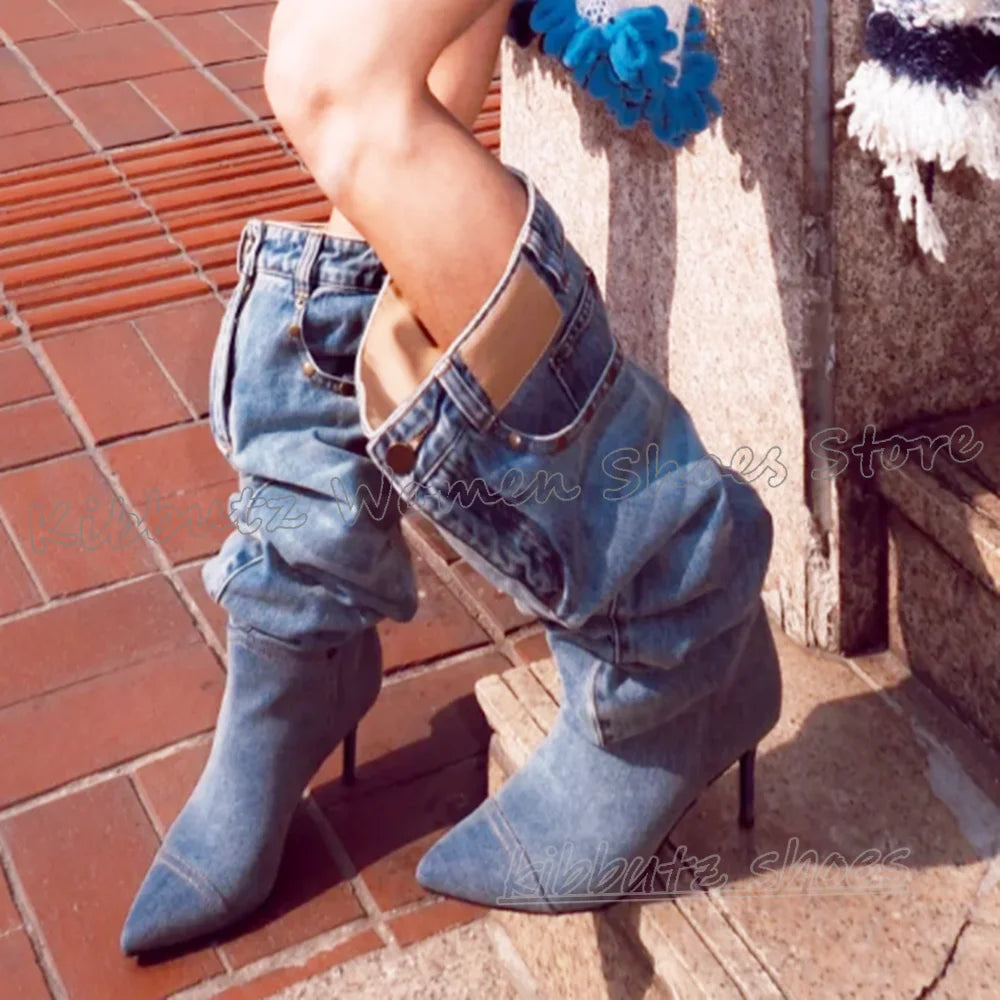 Pocket Over The Knee Boots Denim Cloth Slip-On Bottom Solid Color Novelty Fashion Concise Sexy Hot Girls Shoes Pointy Thin Heels