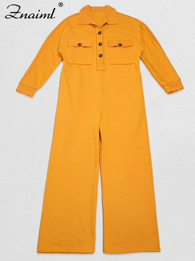 Znaiml Women's Long Sleeve Pocket Jumpsuit Casual Loose Wide Leg Pants Orange Shirt Rompers One Piece Autumn Streetwear Outfit
