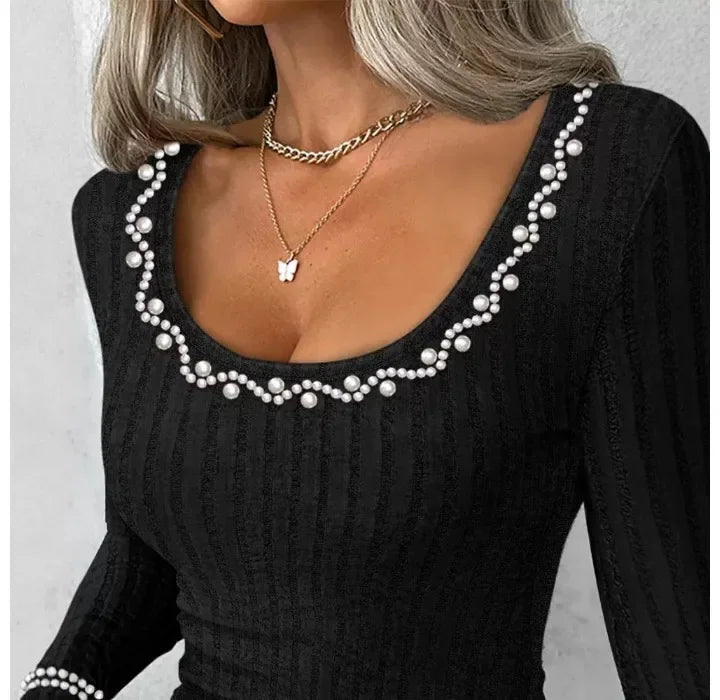 Fashion Woman Sexy Elegant Autumn Winter 2024 Pullover Beaded Scoop Neck Long Sleeve Ribbed Slim Fit T-Shirt Y2K Skinny Tops