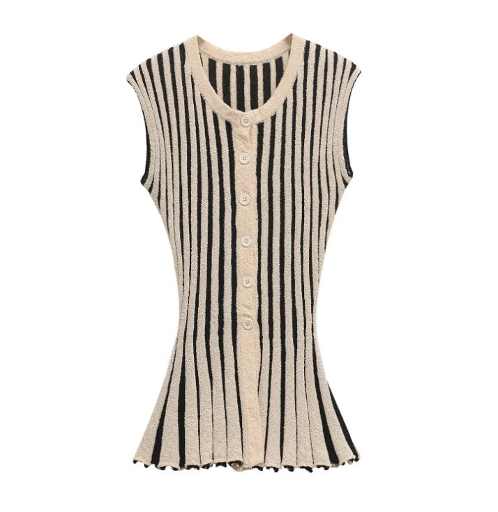 Joskaa 2025 Women's Striped Knit Two Piece Set Casual O-Neck Sleeveless Sweater Vest and Flared Pants Matched Vintage Streetwear
