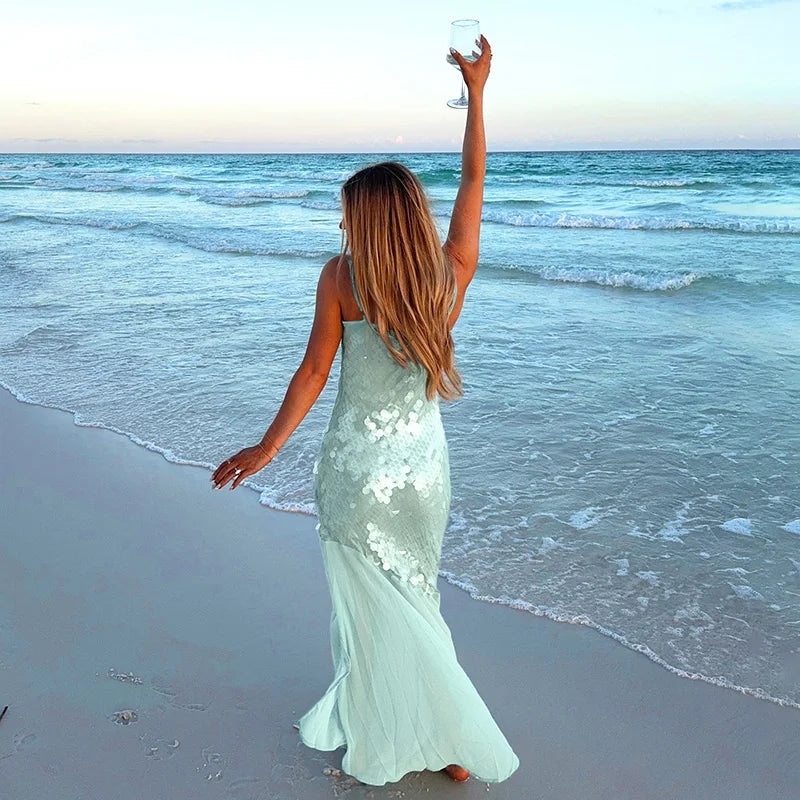 Beach O Neck Pleated Women's Long Dress New Sexy Mermaid Solid Camisole Dress Shiny Sequins Hollowed Out Sleeveless Party Dress