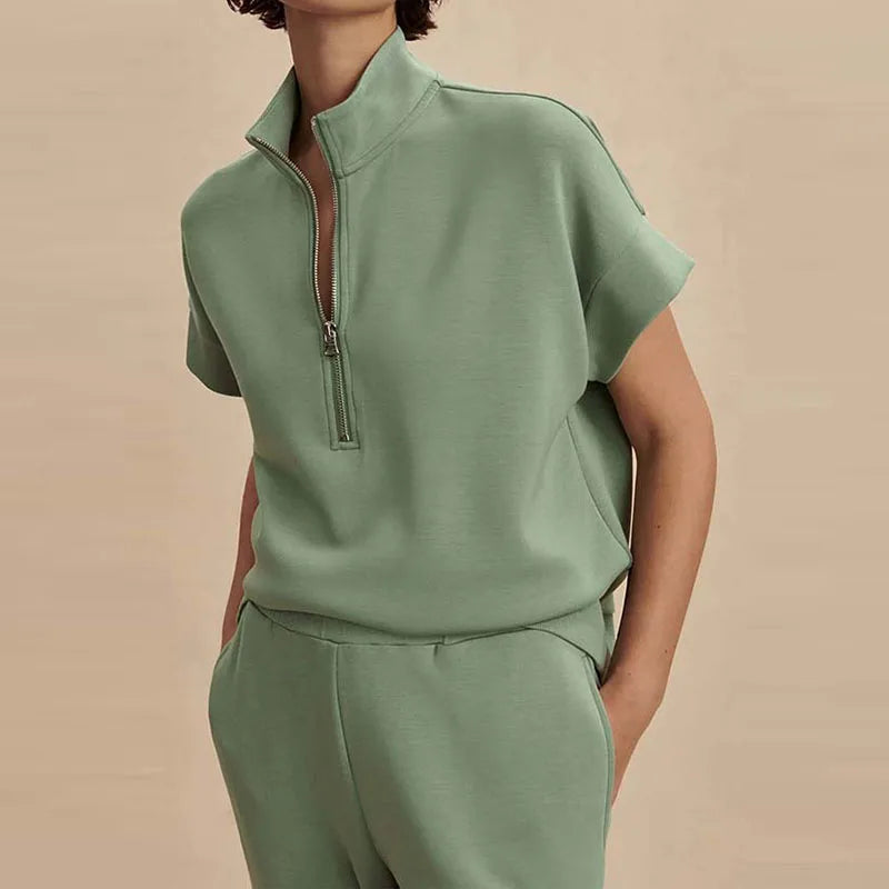 Casual Suit Fashion Zipper Loose Commuting Outfit Elegant Solid High Waist Set Summer Lady Stand Collar Short Sleeve Top + Pants