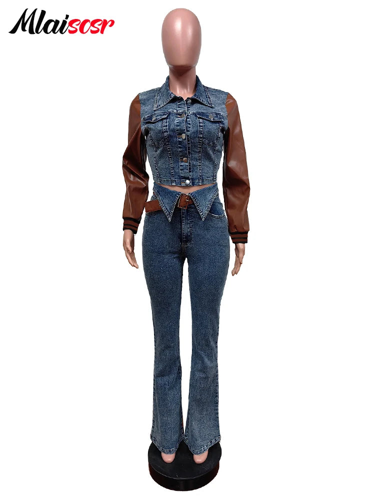 Mlaiscsr Fall Winter Fashion Pu Leather Long Sleeve Patchwork Stretch Denim Jacket and Jeans Pants 2 Piece Set Women Streetwear