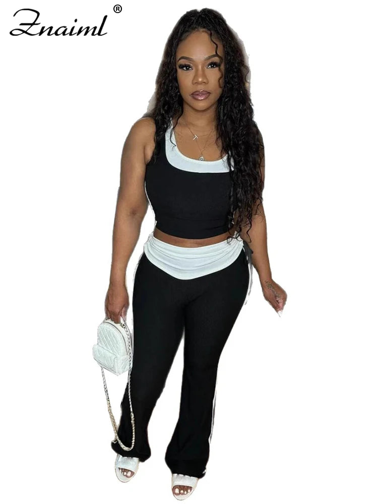 Znaiml Casual Sleeveless Tank Tops and Flare Pants Tracksuit Jogger 2025 New Fashion Sport 2 Pieces Set Woman Summer Outfits
