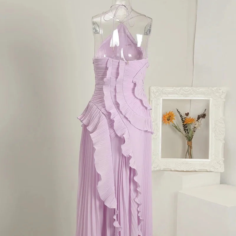 Chic Pleated Halter Neck Long Vacation Dress High Quality Purple Strapless Lotus Edge Maxi Dress 2025 New Lady Vacation Gown