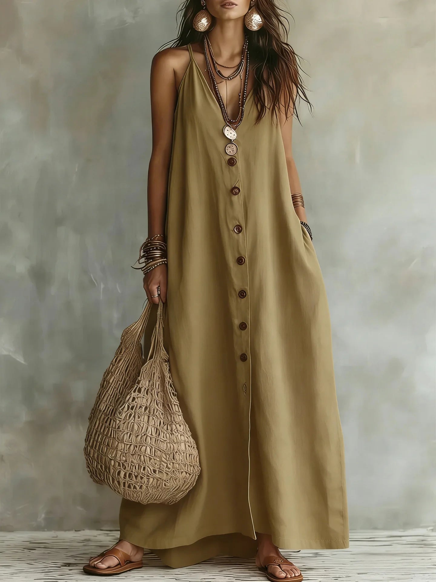 Spaghetti Strap V Neck Front Button Pocket Linen Maxi Dress for Women