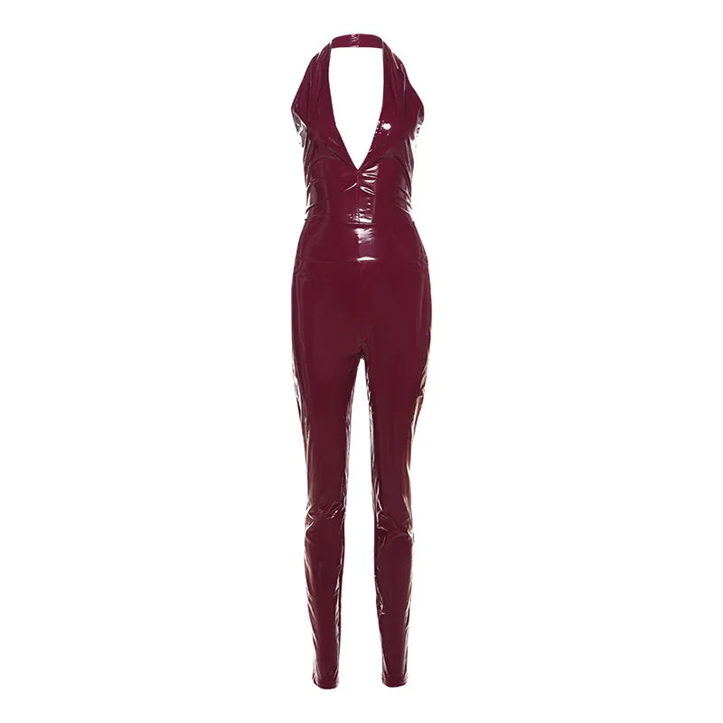 CM.YAYA Women Set PU Leather Halter V-neck Top + Pencil Pants Suits 2025 Fitness Streetwear Two 2 Piece Sets Outfits Tracksuit