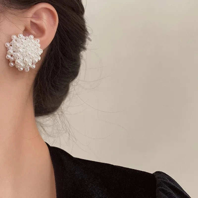 Exquisite Pearl Braided Flower Earrings for Women French Exaggerated Round Brincos Wedding Party Jewelry