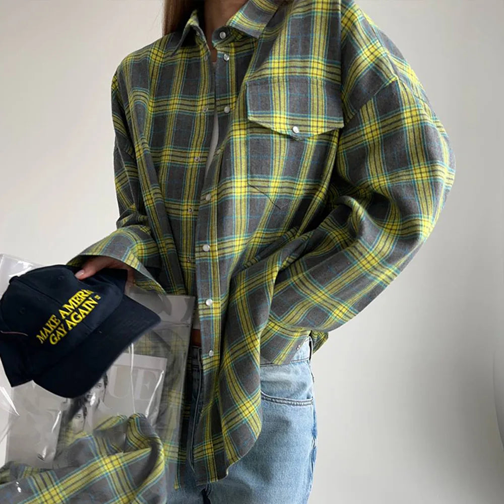 FSMG-Versatile Plaid Shirt For Women, Red Bright Grid, Oversized Blouse, Leisure And Fashionable Top, Spring And Autumn Seasons