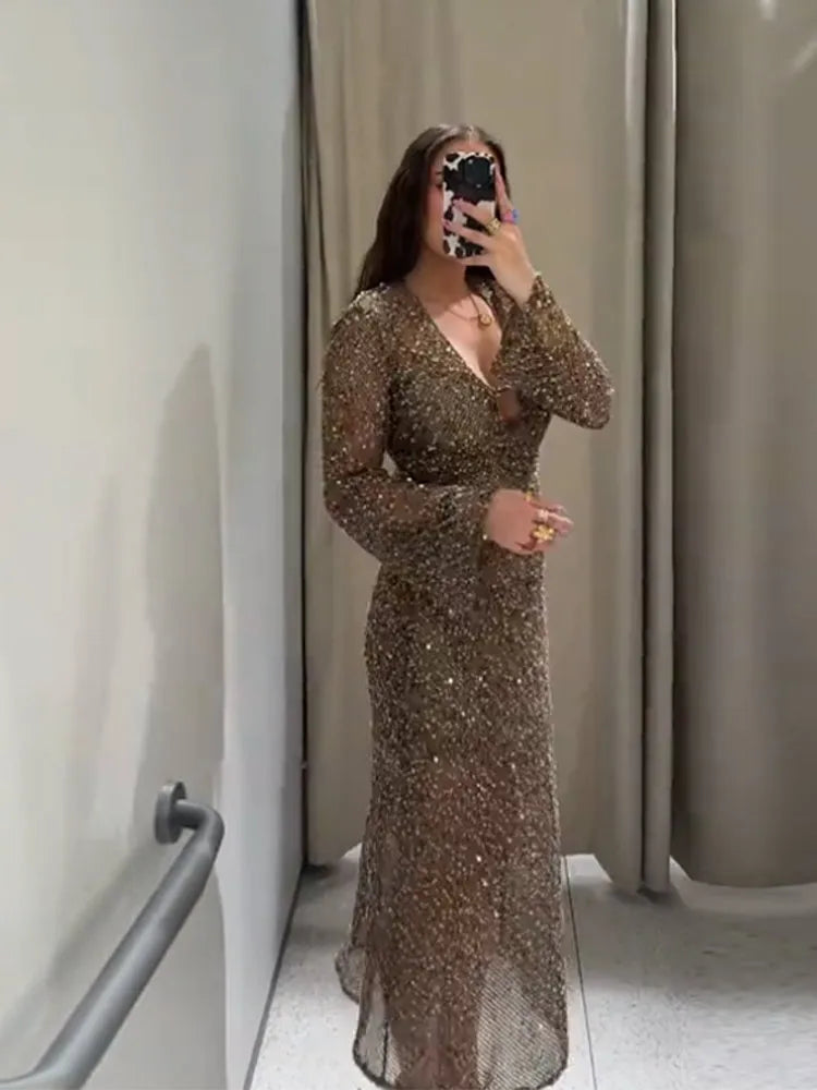 Sequin Maixi Dress Woman Deep V-neck Sparkling Lace Up Trumpet Sleeves Slim Long Dresses Sexy Perspective Party Women's Robe