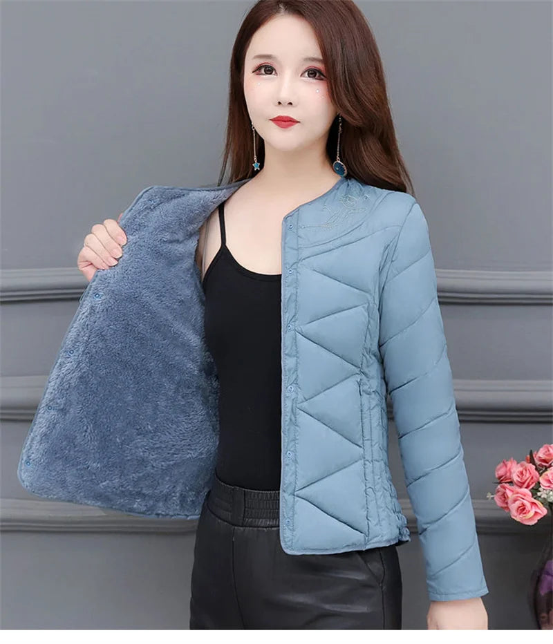 Winter Down Padded Jacket Women's Inner Short Mother's Wear Velvet Thickening Middle-Aged Elderly Mom Wear Pocket Jacket Pink