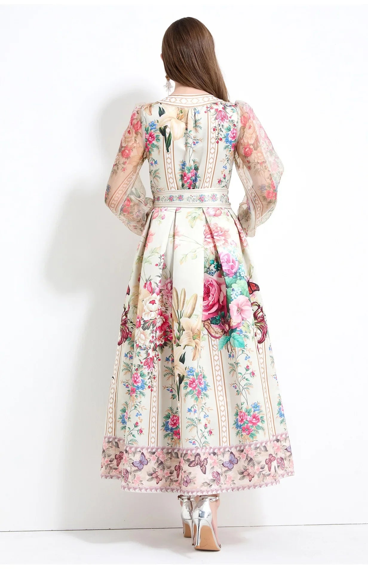 Retro Court Style V-Neck Lace Lantern Sleeve Belted Waist Design Large Print Dress Floral Print Women's Dress Fashionable Gown