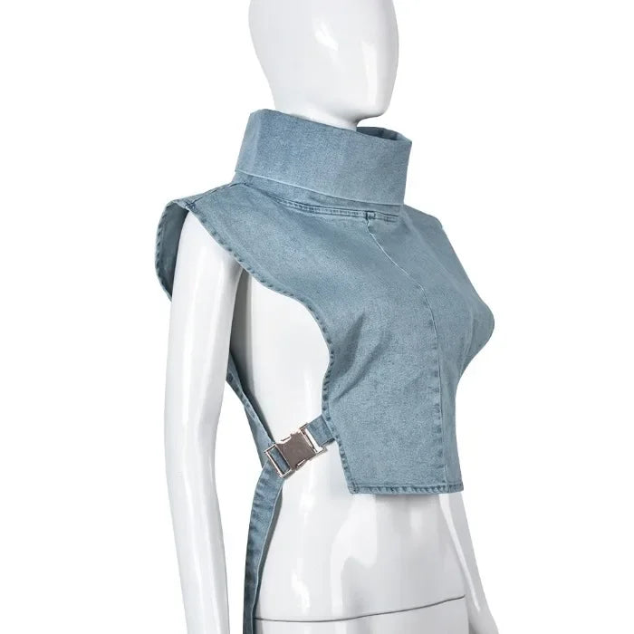 Elegant Tank Tops for Women Streetwear Summer 2025 New Cowboy Pile Collar Pullover Sleeveless Workwear High Waist Short Vest