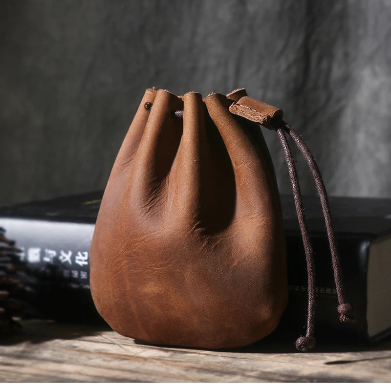 LUOKIR Men's Genuine Leather Coin Purse Simple Vintage Small Card Bag Women's Cowhide Wallet Keys Money Drawstring Storage Bags